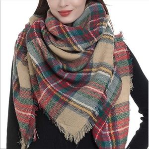 blanket scarf. Red,green and tan.